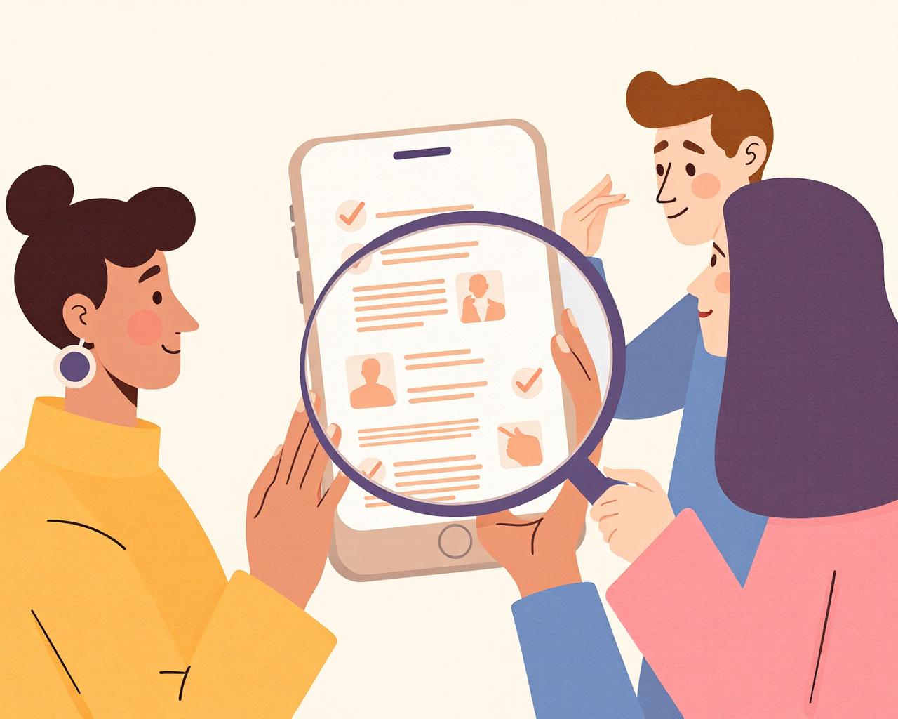 Pessoas verificando informações online juntas com uma lupa sobre um celular